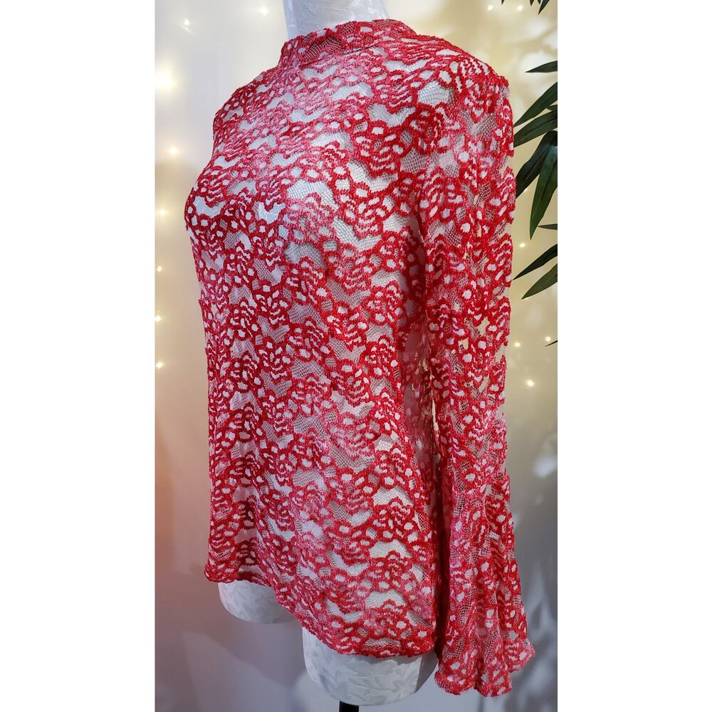 Umgee Retro Vintage Sheer Floral Lace Bell Sleeve Top Womens Size S Keyhole Neck - Picture 4 of 11